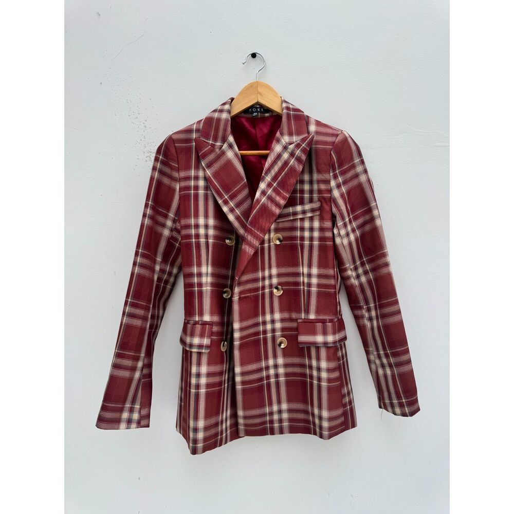NWOT Fore Burgundy Plaid Double Breasted Blazer Size XS